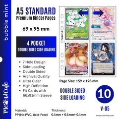 [Side-Loading][Double Sided] K-KEEP [A5 Standard] - 4 Pocket (69x95mm) - 7 Holes Premium Binder Pages, 100 Micron Thick, High Definition (Pack of 10) - (V-05) Fits Any A5 2-Ring, 3-Ring & 6-Ring Binder, for Pokemon TCG Cards in 66x91mm / 67x92mm Sleeves