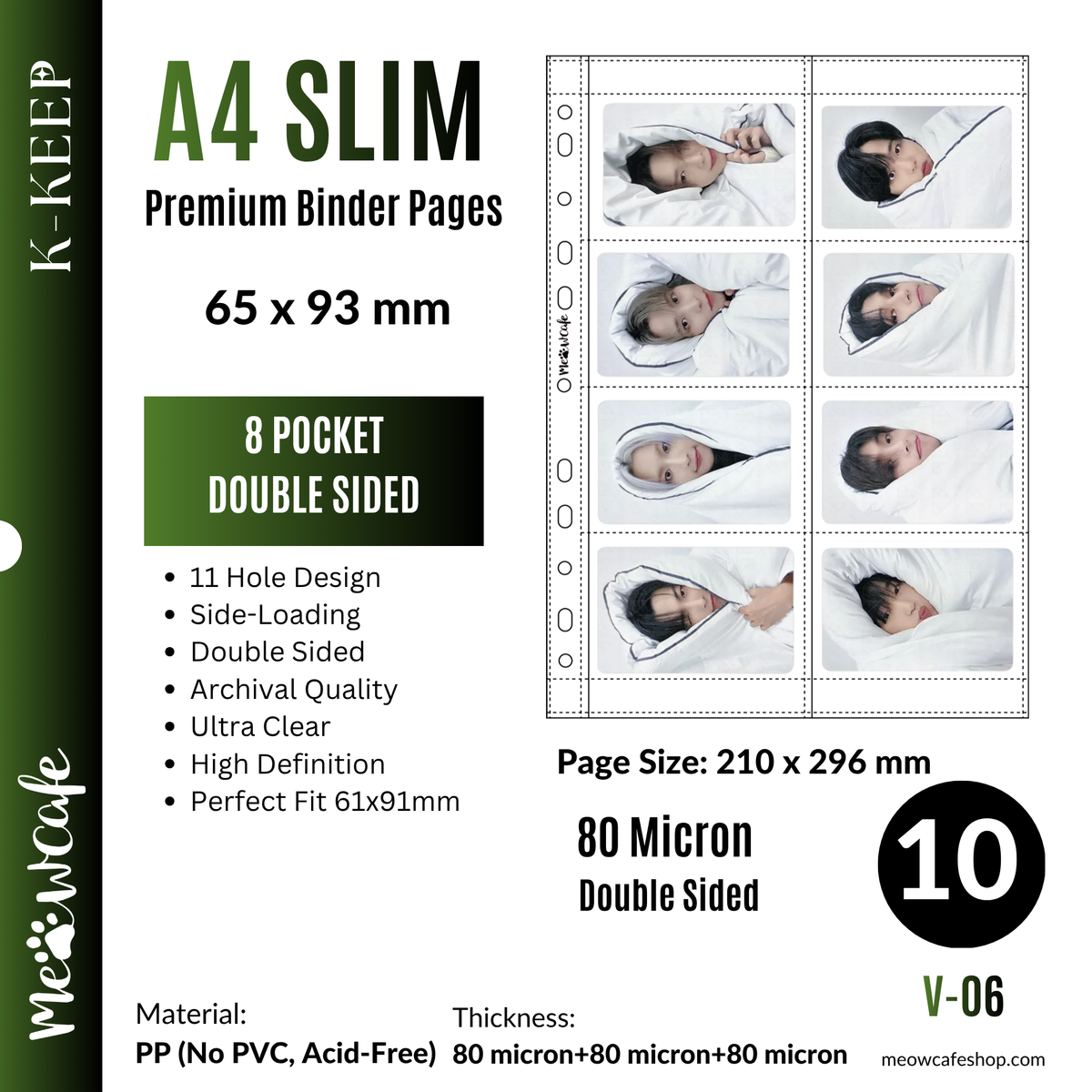 [PRE ORDER][Ship on Oct 5th][Double Sided] K-KEEP [A4 Slim] - 8 Pocket Slim Double Sided (65x93mm)- 11 Holes Premium Binder Pages, High Definition (V-06)