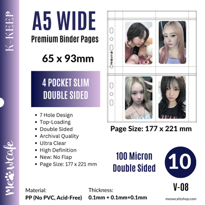 [Double Sided] K-KEEP [A5 Wide] -  4 Pocket Slim (65x93mm)- 7 Holes Premium Binder Pages, 100 Micron Thick, High Definition (V-08)