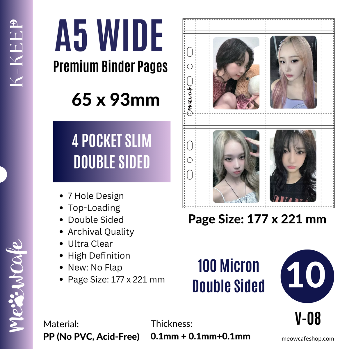 [Double Sided] K-KEEP [A5 Wide] -  4 Pocket Slim (65x93mm)- 7 Holes Premium Binder Pages, 100 Micron Thick, High Definition (V-08)