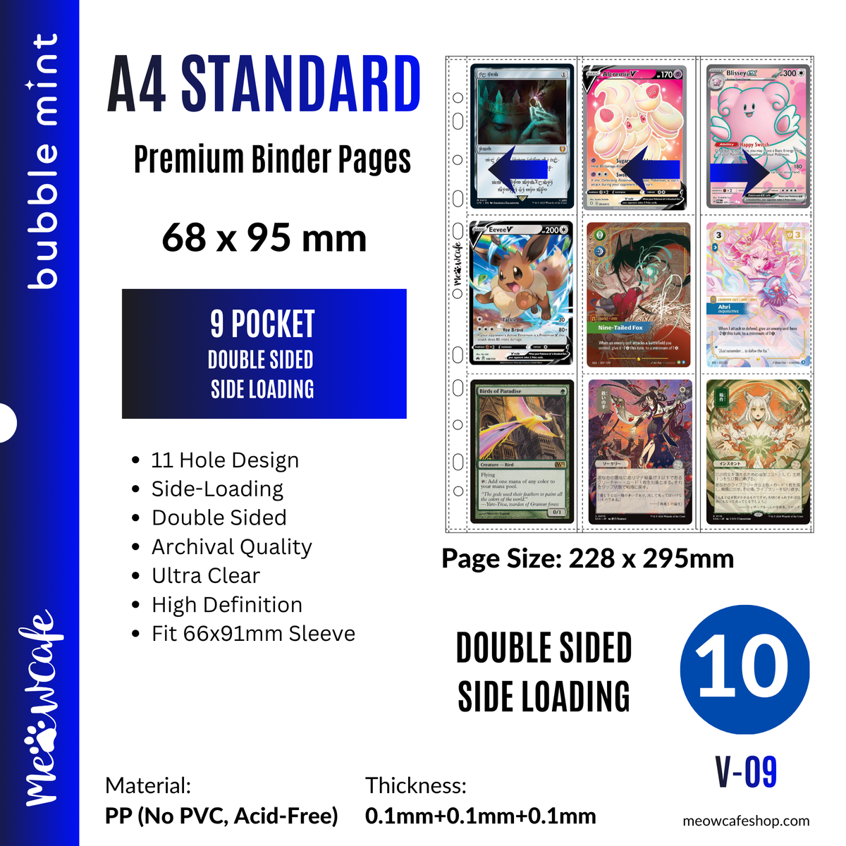 [Side-Loading][Double Sided] K-KEEP [A4 Standard] - 9 Pocket (68x95mm) - 11 Holes Premium Binder Pages, 100 Micron Thick, High Definition (Pack of 10) - (V-09) Fits Any A4 & Office 3-Ring Binder, for Pokemon, Magic, One Piece TCG Cards in 66x91mm Sleeves