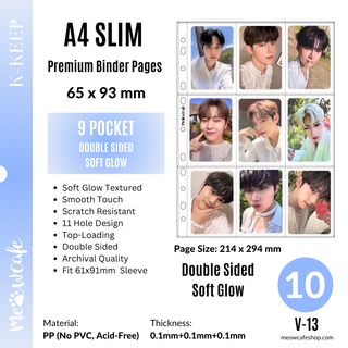 [PRE ORDER] [Ship on Oct 30th][Soft Glow Series][Double Sided] K-KEEP [A4 Slim] - 9 Pocket (65x93mm) - 11 Holes Premium Binder Pages, 100 Micron Thick, Anti-Glare Matte, Generic Fit(Pack of 10) - (V-13) Perfect Fit for 61x91mm Double Sleeve Photocard