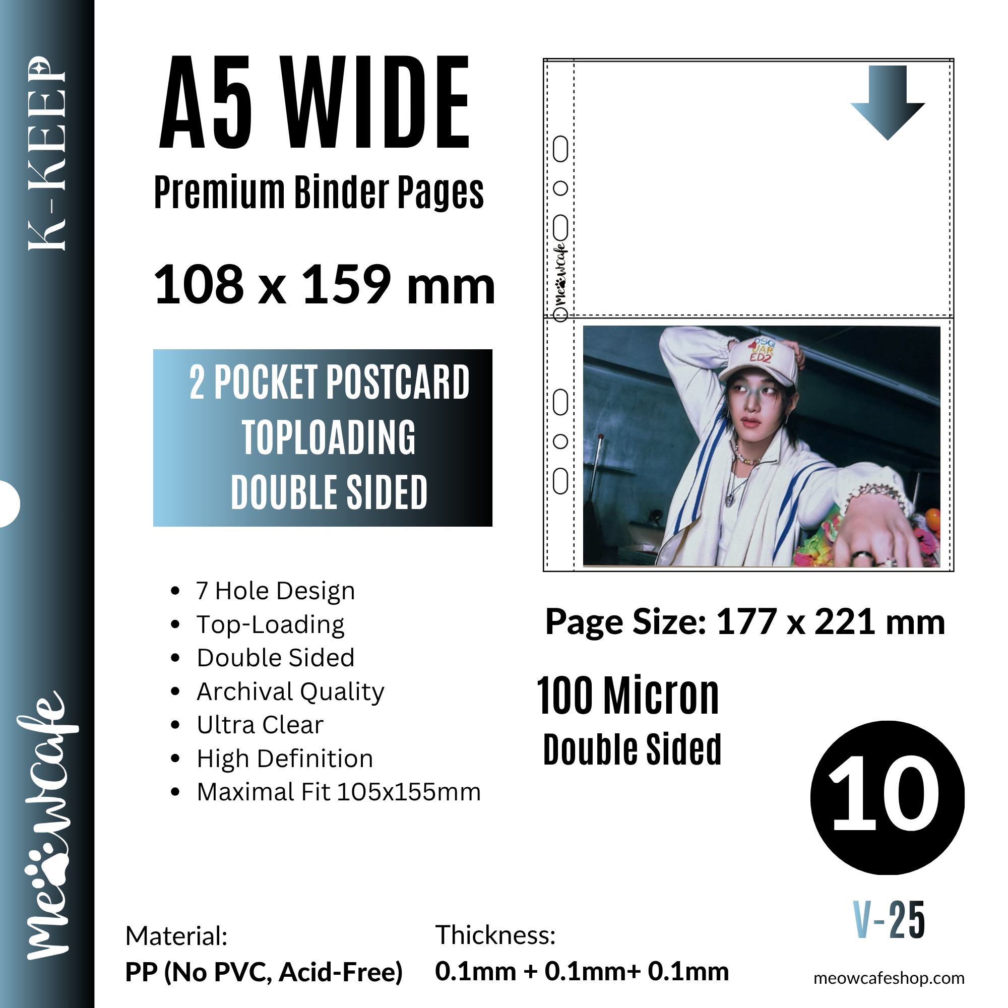 [PRE ORDER][Ship on Aug 30th] [Double Sided] K-KEEP [A5 Wide] - 2 Pocket Postcard, 7 Holes Premium Binder Pages, 100 Micron Thick, High Definition (Pack of 10) V-25