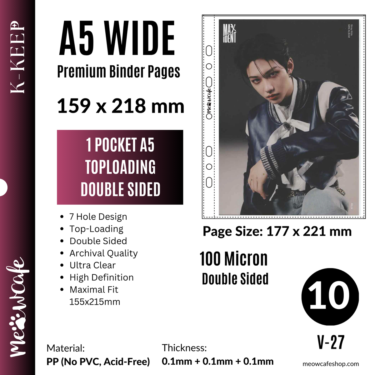 [PRE ORDER][Ship on Aug 30th] [Double Sided] K-KEEP [A5 Wide] - 1 Pocket Mini Poster (159x218MM), 7 Holes Premium Binder Pages, 100 Micron Thick, High Definition (Pack of 10) V-27
