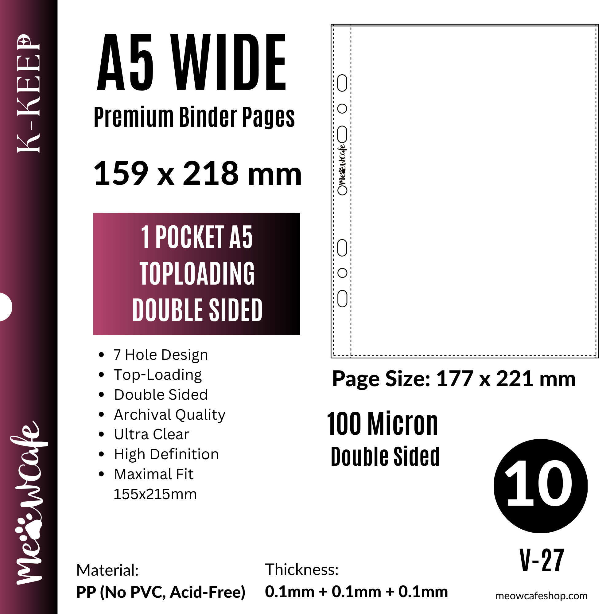 [PRE ORDER][Ship on Aug 30th] [Double Sided] K-KEEP [A5 Wide] - 1 Pocket Mini Poster (159x218MM), 7 Holes Premium Binder Pages, 100 Micron Thick, High Definition (Pack of 10) V-27