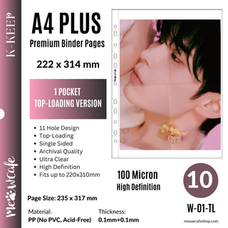 [Top-loading Version] K-KEEP [A4 PLUS] - 1 Pocket - 222x314mm - 11 Holes Premium Binder Pages, 100 Micron Thick, High Definition (Pack of 10)