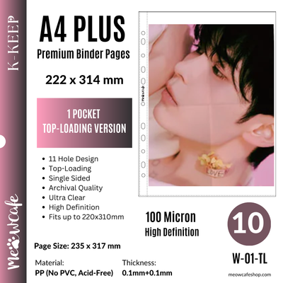 [Top-loading Version] K-KEEP [A4 PLUS] - 1 Pocket - 222x314mm - 11 Holes Premium Binder Pages, 100 Micron Thick, High Definition (Pack of 10)