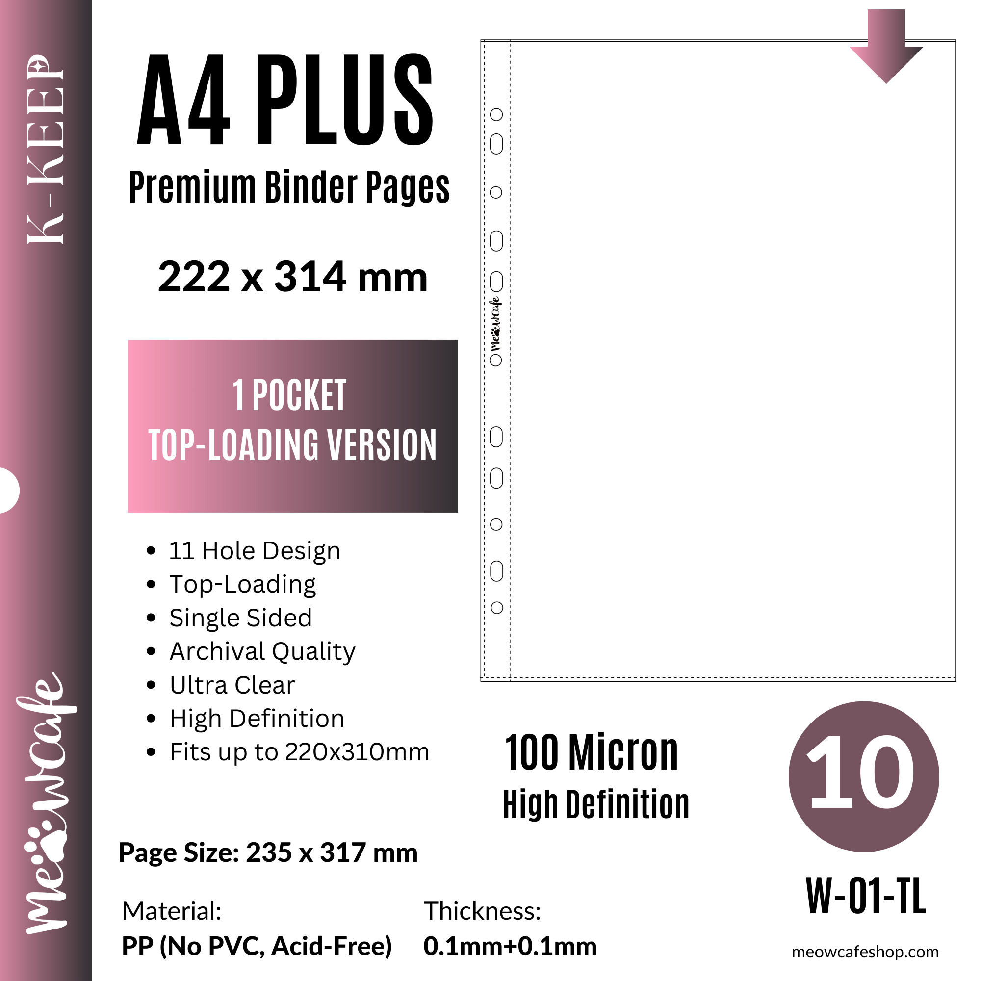 [Top-loading Version] K-KEEP [A4 PLUS] - 1 Pocket - 11 Holes Premium Binder Pages, 100 Micron Thick, High Definition (Pack of 10)