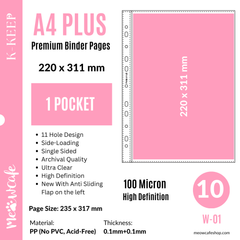 K-KEEP [A4 PLUS] - 1 Pocket - 11 Holes Premium Binder Pages, 100 Micron Thick, High Definition (Pack of 10) - (W-01)