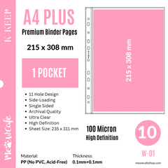 K-KEEP [A4 PLUS] - 1 Pocket - 11 Holes Premium Binder Pages, 100 Micron Thick, High Definition (Pack of 10) - (W-01)