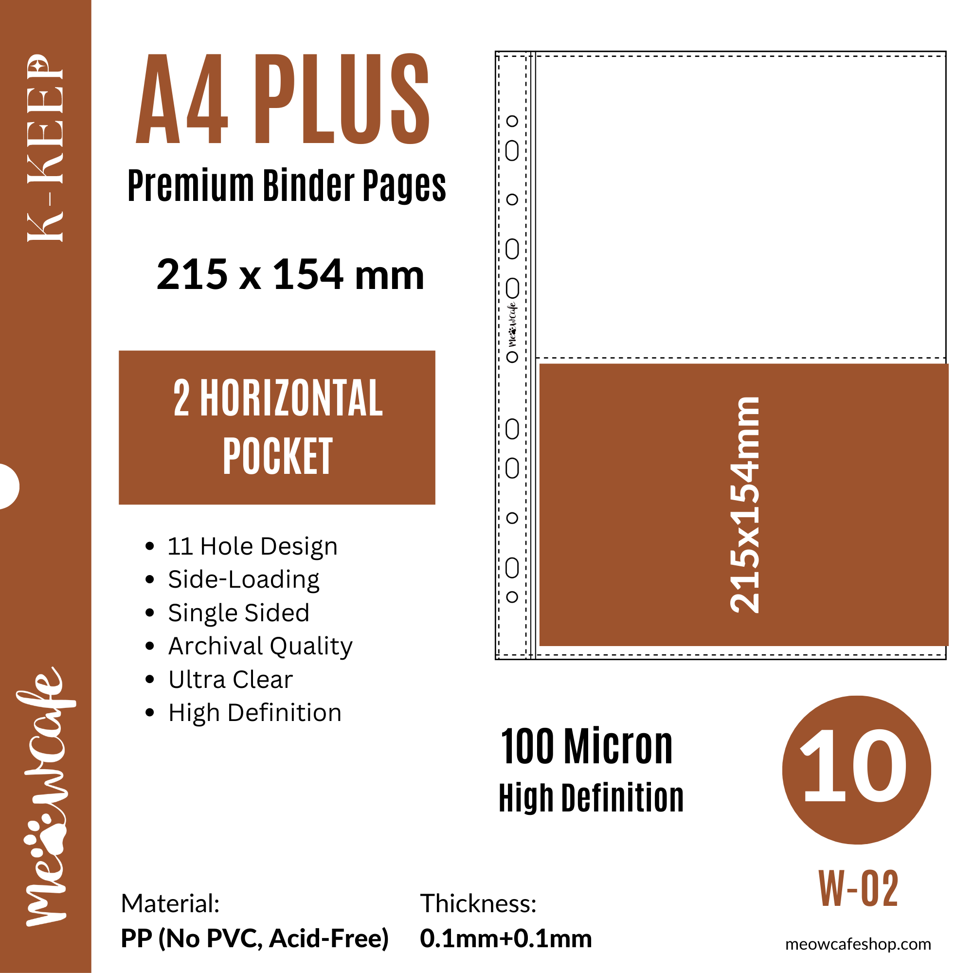 K-KEEP [A4 PLUS] - 2 Horizontal Pocket - 11 Holes Premium Binder Pages, 100 Micron Thick, High Definition (Pack of 10) - (W-02)