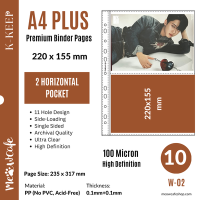 K-KEEP [A4 PLUS] - 2 Horizontal Pocket- 220x155 mm - 11 Holes Premium Binder Pages, 100 Micron Thick, High Definition (Pack of 10) - (W-02)