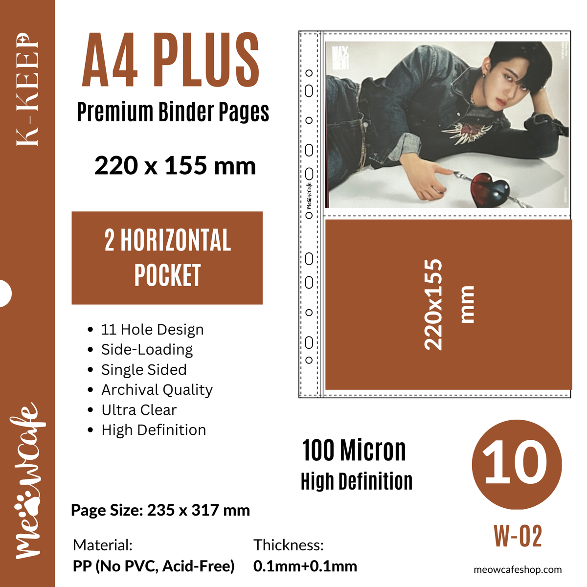 K-KEEP [A4 PLUS] - 2 Horizontal Pocket - 11 Holes Premium Binder Pages, 100 Micron Thick, High Definition (Pack of 10) - (W-02)