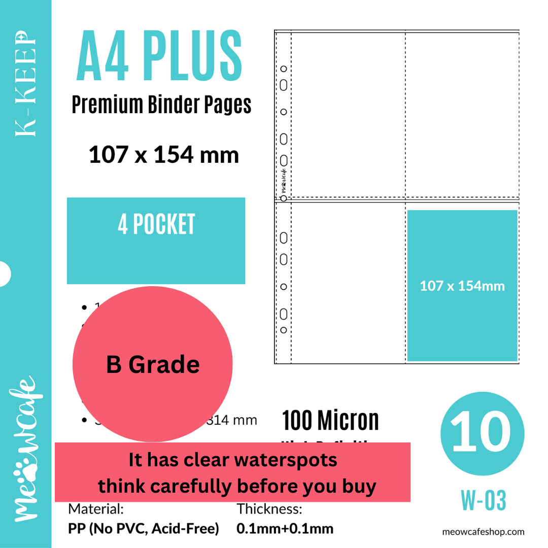 [B-Grade] K-KEEP [A4 PLUS] -  4 Pocket (Postcard) - 11 Holes Premium Binder Pages, 100 Micron Thick, High Definition (Pack of 10) - (W-03)