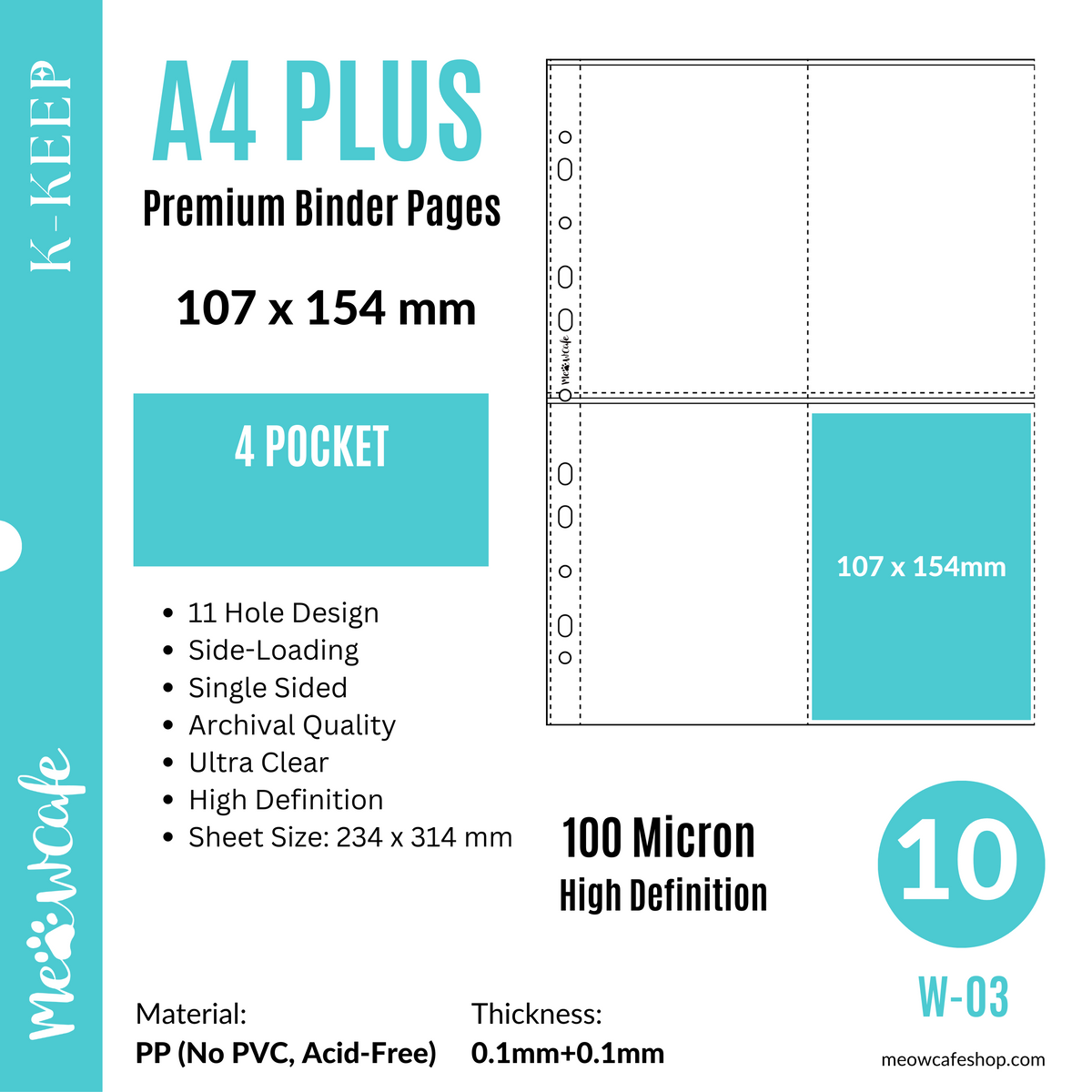 K-KEEP [A4 PLUS] -  4 Pocket (Postcard) - 11 Holes Premium Binder Pages, 100 Micron Thick, High Definition (Pack of 10) - (W-03)