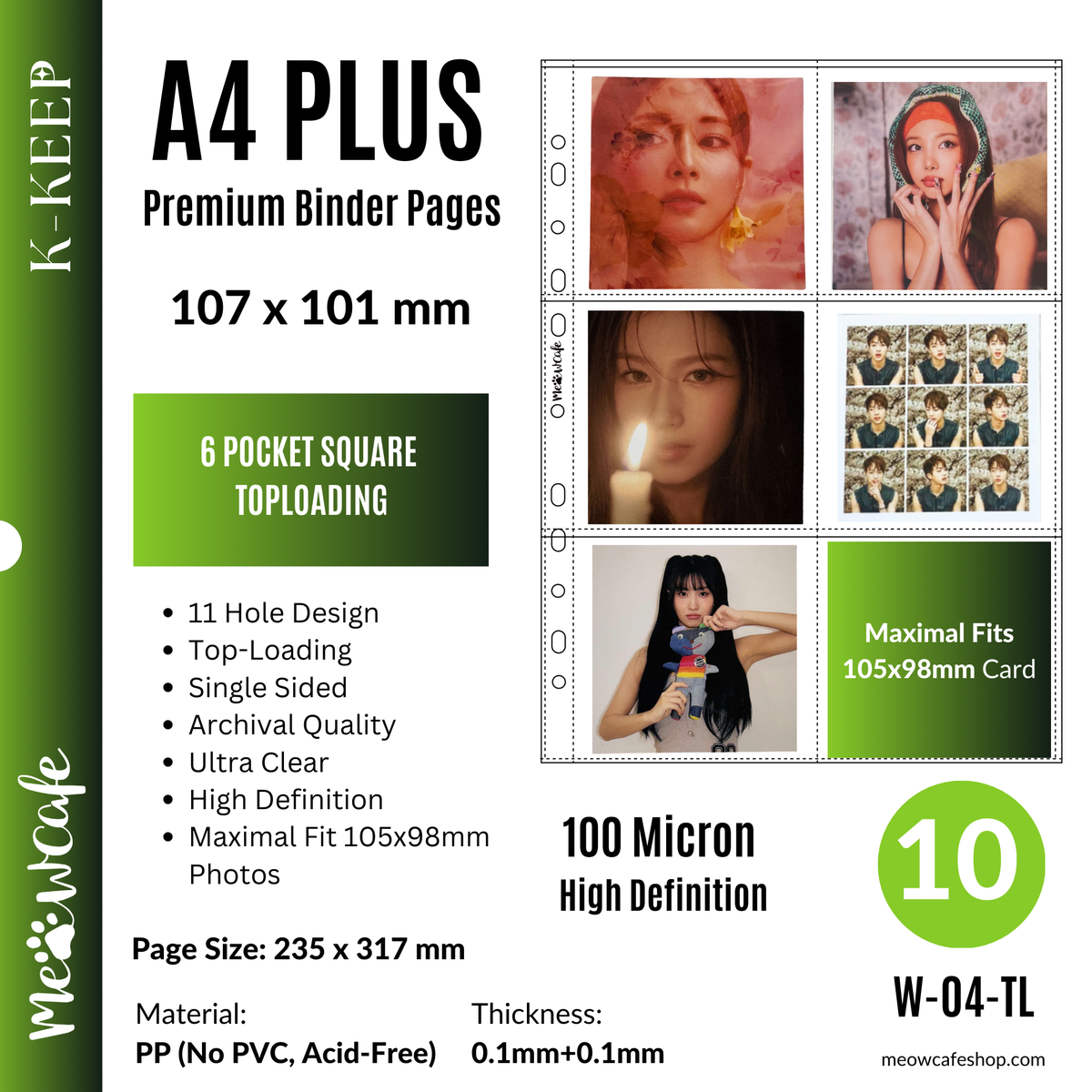 [Top-Loading Version] K-KEEP [A4 PLUS] -  6 Pocket (Square) - 11 Holes Premium Binder Pages, 100 Micron Thick, High Definition (Pack of 10) - (W-04-TL)
