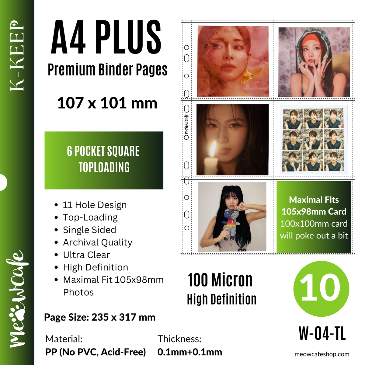 [Top-Loading Version] K-KEEP [A4 PLUS] -  6 Pocket (Square) - 11 Holes Premium Binder Pages, 100 Micron Thick, High Definition (Pack of 10) - (W-04-TL)