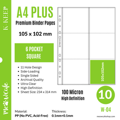 K-KEEP [A4 PLUS] -  6 Pocket (Square) - 11 Holes Premium Binder Pages, 100 Micron Thick, High Definition (Pack of 10) - (W-04)