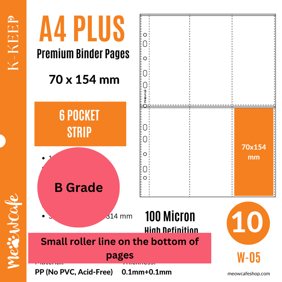 [B Grade] K-KEEP [A4 PLUS] -  6 Pocket (Vertical Strip) - 11 Holes Premium Binder Pages, 100 Micron Thick, High Definition (Pack of 10) - (W-05)