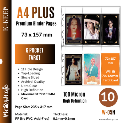 [For Tarot Card Collector] K-KEEP [A4 PLUS] -  6 Pocket (Tarot) - 73x157mm- 11 Holes Premium Binder Pages, 100 Micron Thick, High Definition, Fits 70x120mm Tarot Card (Pack of 10) - (W-05N)