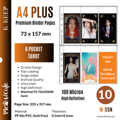 [For Tarot Card Collector] K-KEEP [A4 PLUS] -  6 Pocket (Tarot) - 11 Holes Premium Binder Pages, 100 Micron Thick, High Definition, Fits 70x120mm Tarot Card (Pack of 10) - (W-05N)