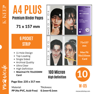 [For Kpop Collector] K-KEEP [A4 PLUS] -  6 Pocket (Vertical Strip)- 71x157 mm - 11 Holes Premium Binder Pages, 100 Micron Thick, High Definition, Fits 60x150 Stray Kids Player Ticket and Bookmark(Pack of 10) - (W-05)