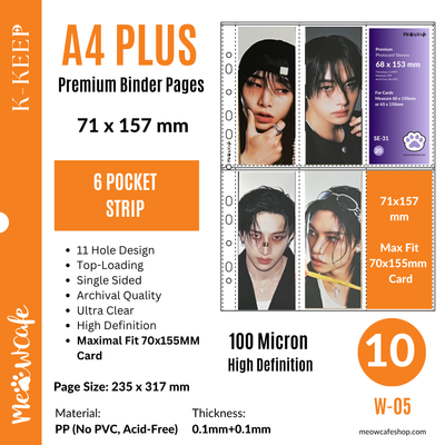 [For Kpop Collector] K-KEEP [A4 PLUS] -  6 Pocket (Vertical Strip)- 71x157 mm - 11 Holes Premium Binder Pages, 100 Micron Thick, High Definition, Fits 60x150 Stray Kids Player Ticket and Bookmark(Pack of 10) - (W-05)