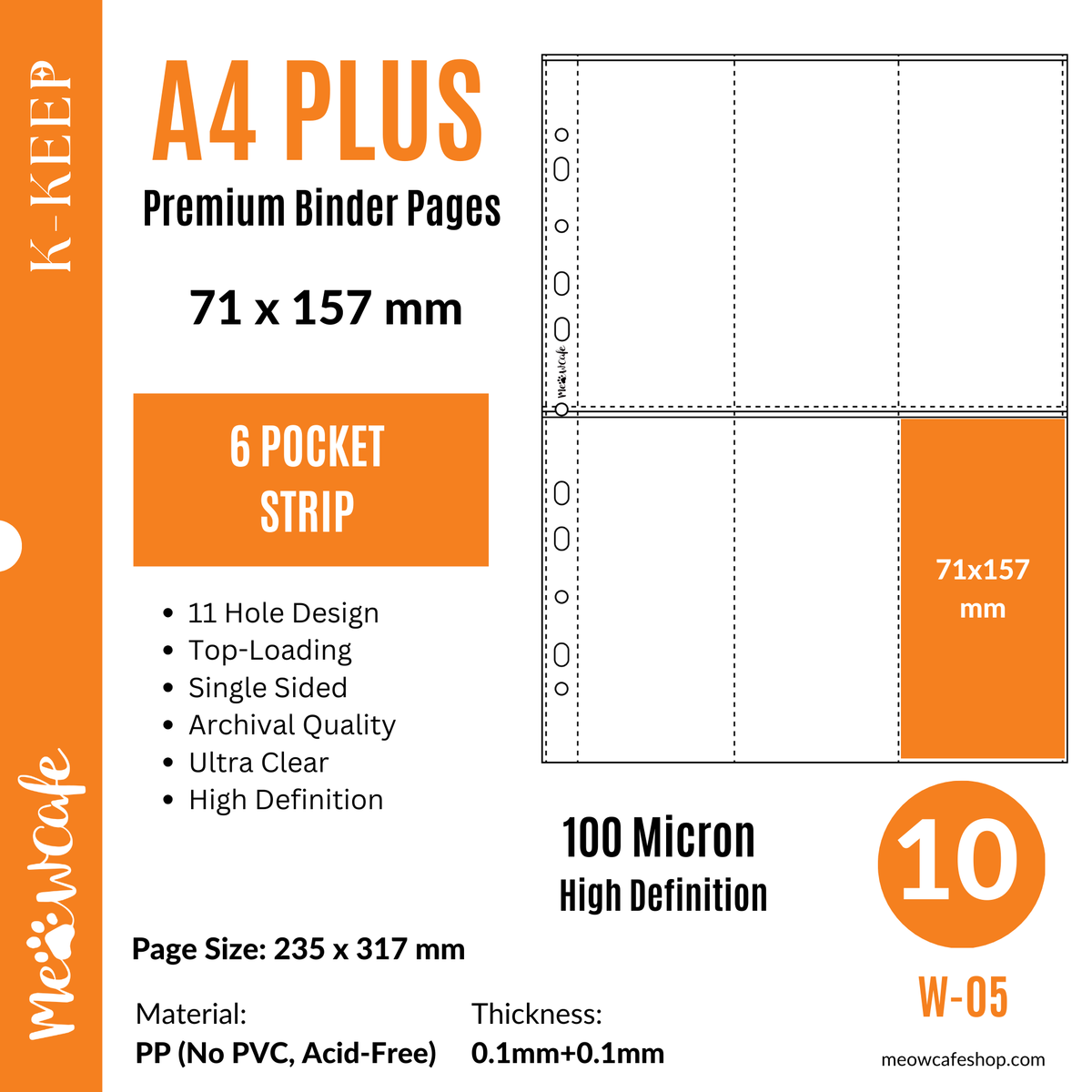 K-KEEP [A4 PLUS] -  6 Pocket (Vertical Strip) - 11 Holes Premium Binder Pages, 100 Micron Thick, High Definition (Pack of 10) - (W-05)