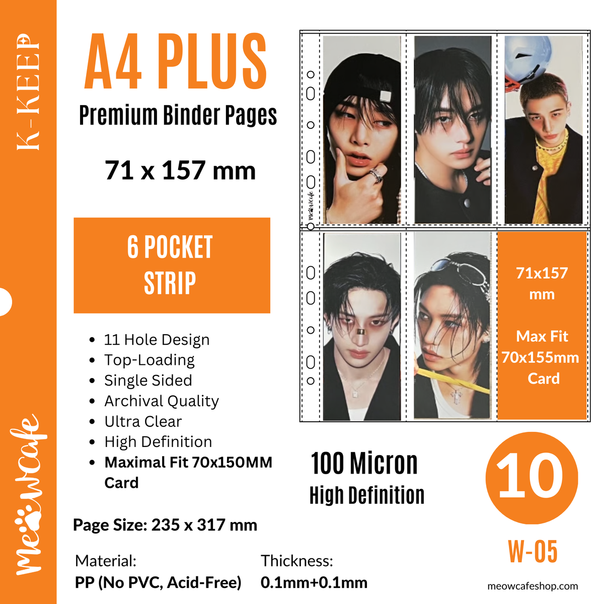 [For Kpop Collector] K-KEEP [A4 PLUS] -  6 Pocket (Vertical Strip) - 11 Holes Premium Binder Pages, 100 Micron Thick, High Definition, Fits 60x150 Stray Kids Player Ticket and Bookmark(Pack of 10) - (W-05)