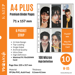 [For Kpop Collector] K-KEEP [A4 PLUS] -  6 Pocket (Vertical Strip) - 11 Holes Premium Binder Pages, 100 Micron Thick, High Definition, Fits 60x150 Stray Kids Player Ticket and Bookmark(Pack of 10) - (W-05)