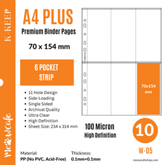 K-KEEP [A4 PLUS] -  6 Pocket (Vertical Strip) - 11 Holes Premium Binder Pages, 100 Micron Thick, High Definition (Pack of 10) - (W-05)
