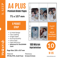 K-KEEP [A4 PLUS] -  6 Pocket (Vertical Strip) - 11 Holes Premium Binder Pages, 100 Micron Thick, High Definition, Fits 70x120mm Tarot Card (Pack of 10) - (W-05)