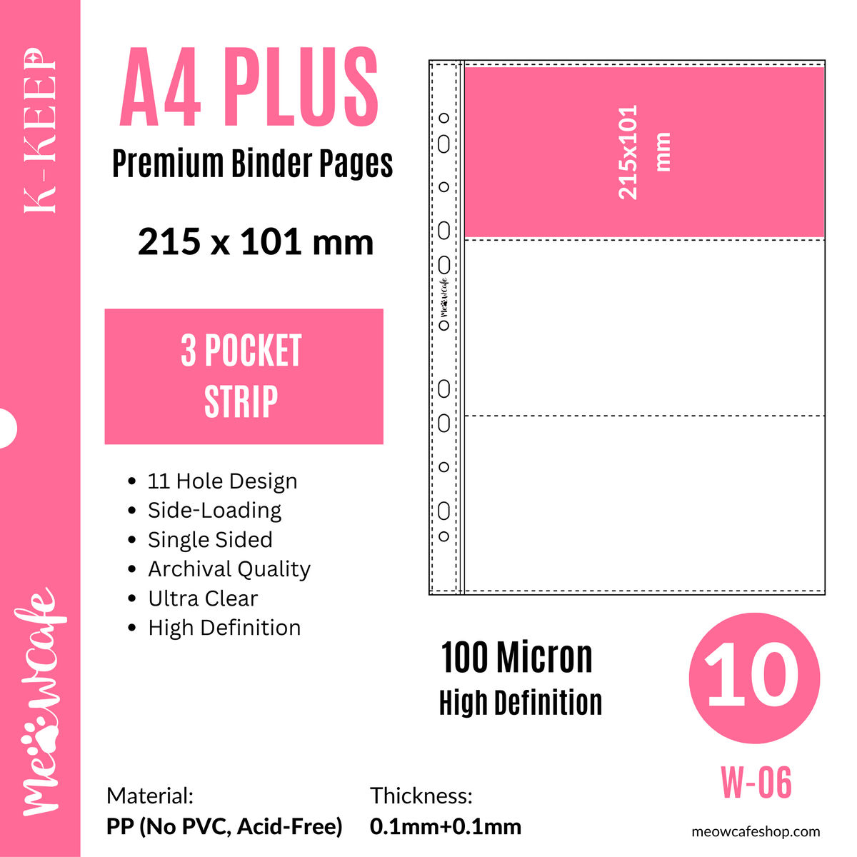K-KEEP [A4 PLUS] -  3 Pocket (Horizontal Strip) - 11 Holes Premium Binder Pages, 100 Micron Thick, High Definition (Pack of 10) - (W-06)
