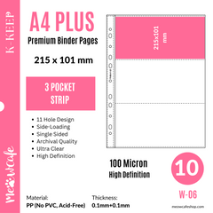 [B Grade] K-KEEP [A4 PLUS] -  3 Pocket (Horizontal Strip) - 11 Holes Premium Binder Pages, 100 Micron Thick, High Definition (Pack of 10) - (W-06)