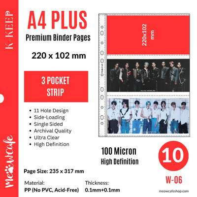 K-KEEP [A4 PLUS] -  3 Pocket (Horizontal Strip)- 202x102 mm - 11 Holes Premium Binder Pages, 100 Micron Thick, High Definition (Pack of 10) - (W-06)