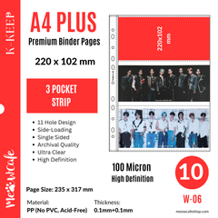 K-KEEP [A4 PLUS] -  3 Pocket (Horizontal Strip) - 11 Holes Premium Binder Pages, 100 Micron Thick, High Definition (Pack of 10) - (W-06)