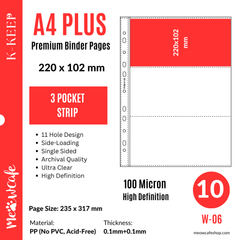 K-KEEP [A4 PLUS] -  3 Pocket (Horizontal Strip) - 11 Holes Premium Binder Pages, 100 Micron Thick, High Definition (Pack of 10) - (W-06)