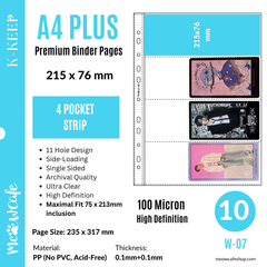 K-KEEP [A4 PLUS] -  4 Horizontal Pocket (Strip) - 11 Holes Premium Binder Pages, 100 Micron Thick, High Definition (Pack of 10) - (W-07)