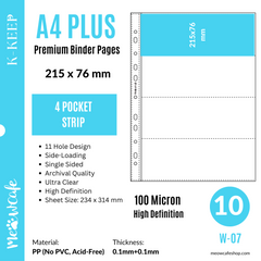 K-KEEP [A4 PLUS] -  4 Horizontal Pocket (Strip) - 11 Holes Premium Binder Pages, 100 Micron Thick, High Definition (Pack of 10) - (W-07)