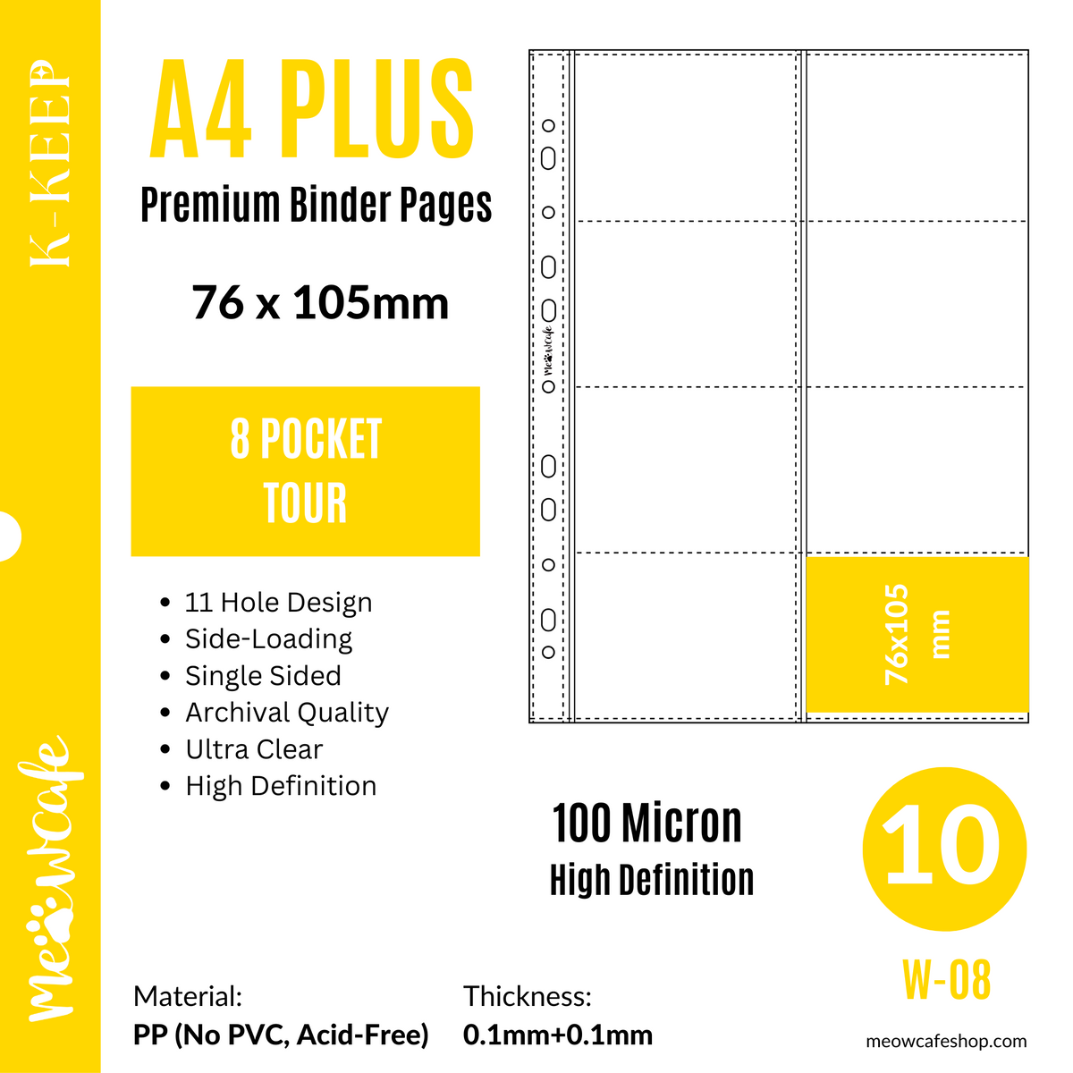 K-KEEP [A4 PLUS] -  8 Pocket Tour - 11 Holes Premium Binder Pages, 100 Micron Thick, High Definition (Pack of 10) - (W-08)