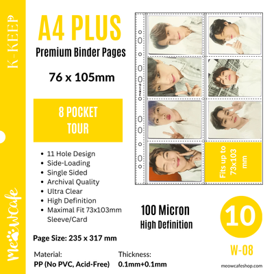 K-KEEP [A4 PLUS] -  8 Pocket Tour- 76x105 mm - 11 Holes Premium Binder Pages, 100 Micron Thick, High Definition (Pack of 10) - (W-08)