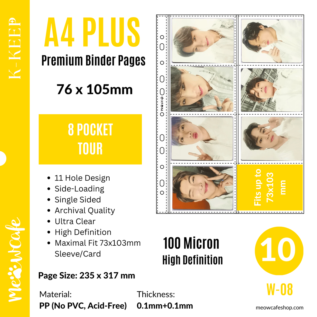 K-KEEP [A4 PLUS] -  8 Pocket Tour - 11 Holes Premium Binder Pages, 100 Micron Thick, High Definition (Pack of 10) - (W-08)