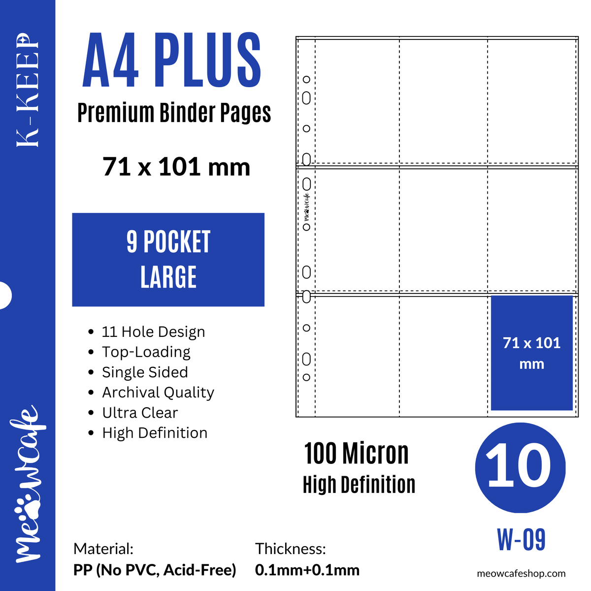 [B Grade] K-KEEP [A4 PLUS] -  9 Pocket Large (71x101mm) - 11 Holes Premium Binder Pages, 100 Micron Thick, High Definition (Pack of 10) - (W-09)