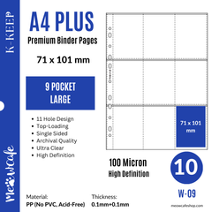 [B Grade] K-KEEP [A4 PLUS] -  9 Pocket Large (71x101mm) - 11 Holes Premium Binder Pages, 100 Micron Thick, High Definition (Pack of 10) - (W-09)