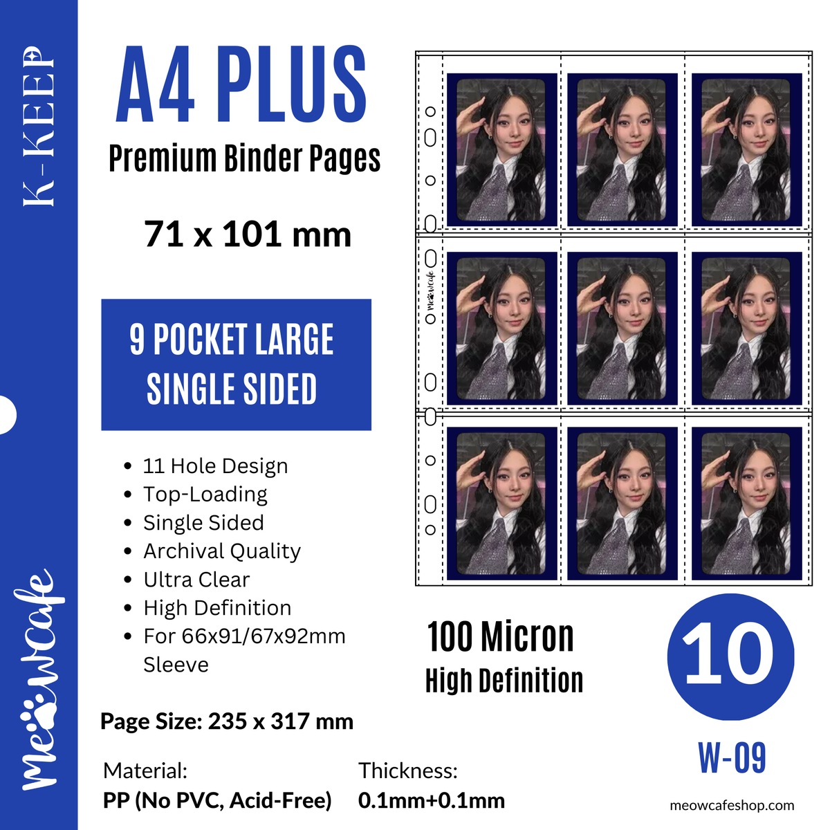 K-KEEP [A4 PLUS] -  9 Pocket Large (71x101mm) - 11 Holes Premium Binder Pages, 100 Micron Thick, High Definition (Pack of 10) - (W-09) Fits Monsta X, Pokemon, 66x91mm Dragon Shield Sleeve