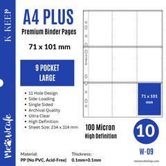 K-KEEP [A4 PLUS] -  9 Pocket Large (71x101mm) - 11 Holes Premium Binder Pages, 100 Micron Thick, High Definition (Pack of 10) - (W-09)