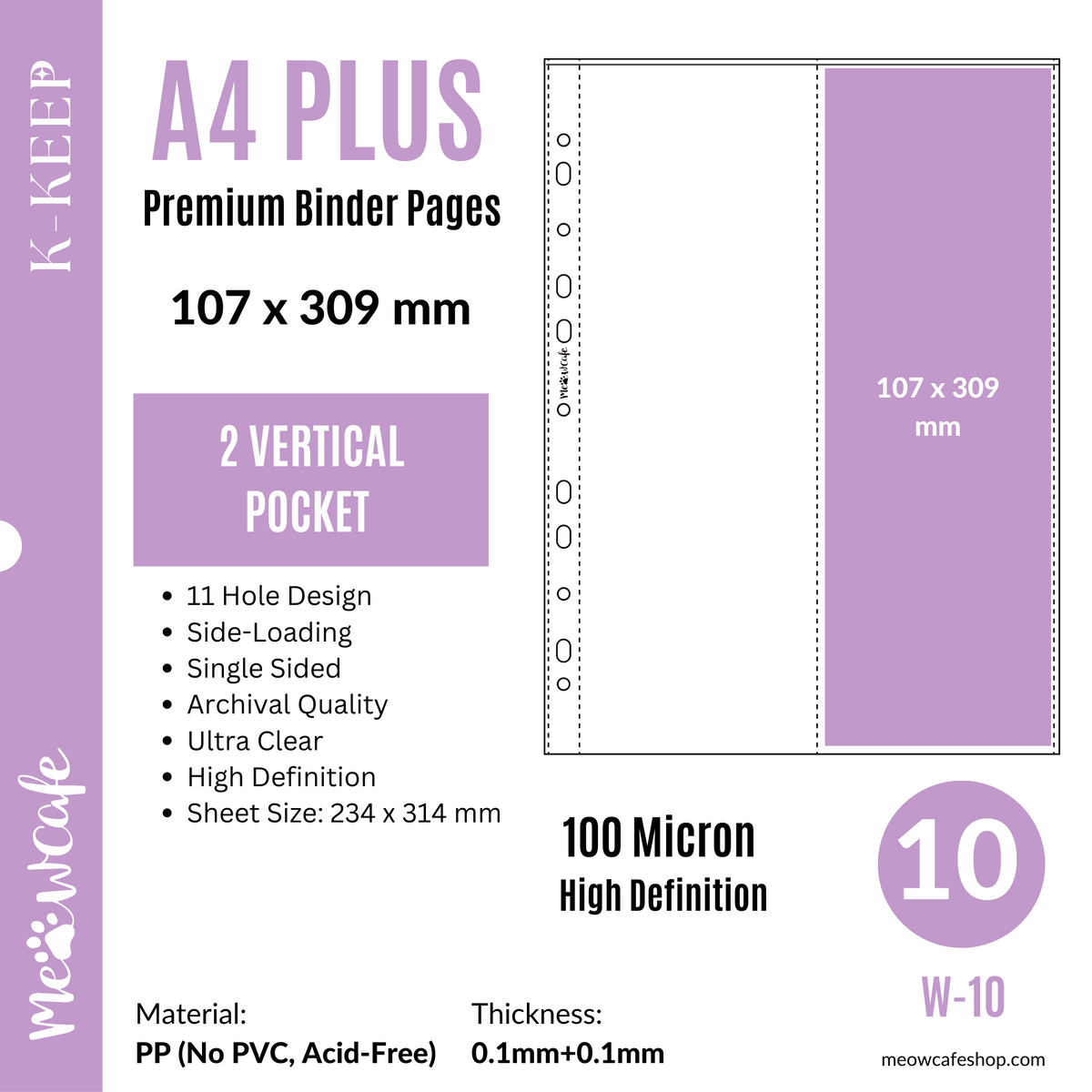K-KEEP [A4 PLUS] -  2 Vertical Pocket - 11 Holes Premium Binder Pages, 100 Micron Thick, High Definition (Pack of 10) - (W-10)