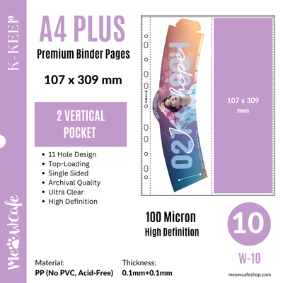 K-KEEP [A4 PLUS] -  2 Vertical Pocket - 107x309 mm - 11 Holes Premium Binder Pages, 100 Micron Thick, High Definition (Pack of 10) - (W-10)