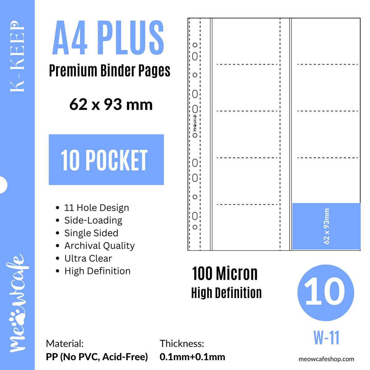 (New Version W-21 Available, W-11 is not Restocked, Read Description for link to W-21) K-KEEP [A4 PLUS] - 10 Pocket 62x93mm - 11 Holes Premium Binder Pages, 100 Micron Thick, High Definition (Pack of 10) - (W-11)