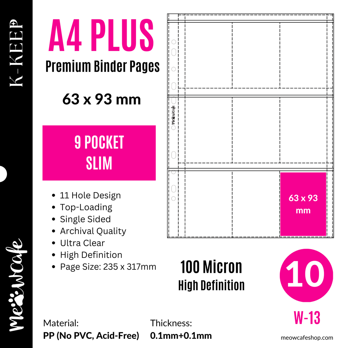 (Coming on March 20) K-KEEP [A4 PLUS] -  9 Pocket (Slim 63x93mm) - 11 Holes Premium Binder Pages, 100 Micron Thick, High Definition (Pack of 10) - (W-13)